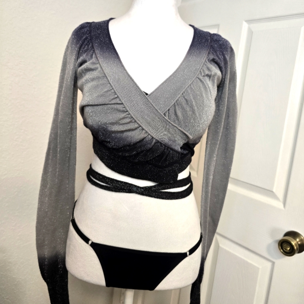 PATRIZIA PEPE Gray/blue Ombre Effect Wrap Top with Black Accents